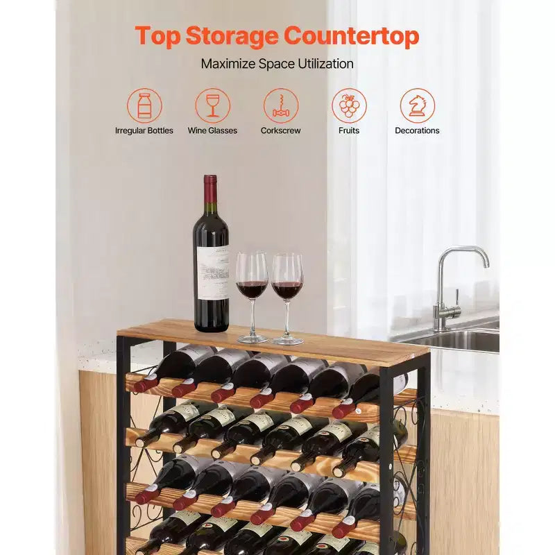 VEVOR 48 Bottle Wine Rack,8-Tier Iron Wine Bottle Holder With Wood Table Top,Freestanding Floor Display Wine Storage Shelves, Black