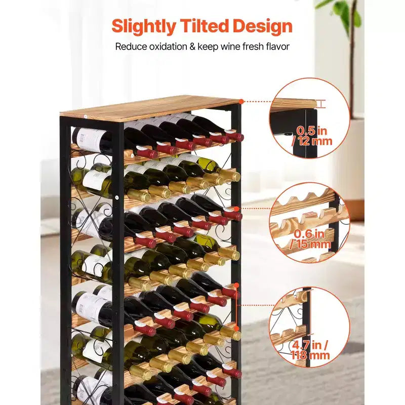VEVOR 48 Bottle Wine Rack,8-Tier Iron Wine Bottle Holder With Wood Table Top,Freestanding Floor Display Wine Storage Shelves, Black