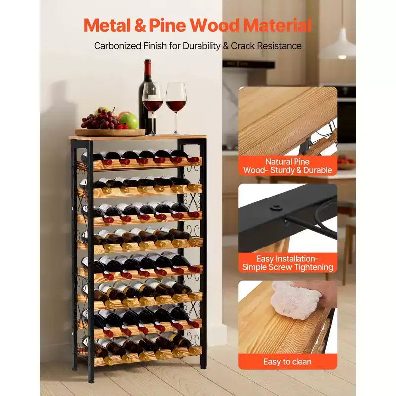 VEVOR 48 Bottle Wine Rack,8-Tier Iron Wine Bottle Holder With Wood Table Top,Freestanding Floor Display Wine Storage Shelves, Black