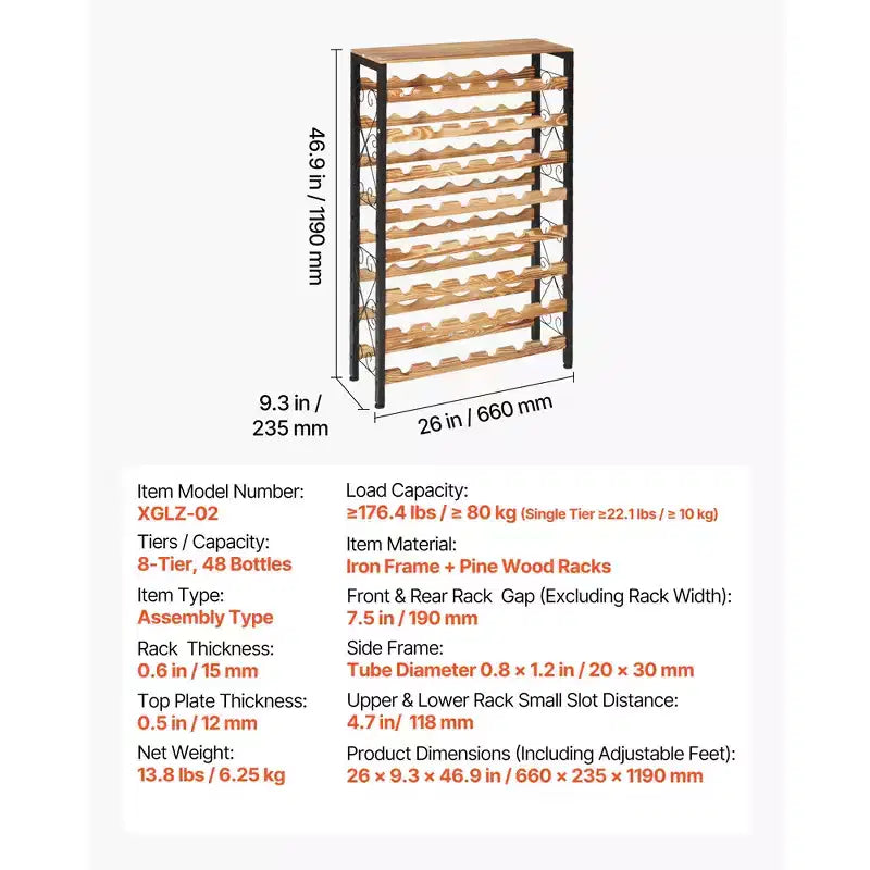 VEVOR 48 Bottle Wine Rack,8-Tier Iron Wine Bottle Holder With Wood Table Top,Freestanding Floor Display Wine Storage Shelves, Black
