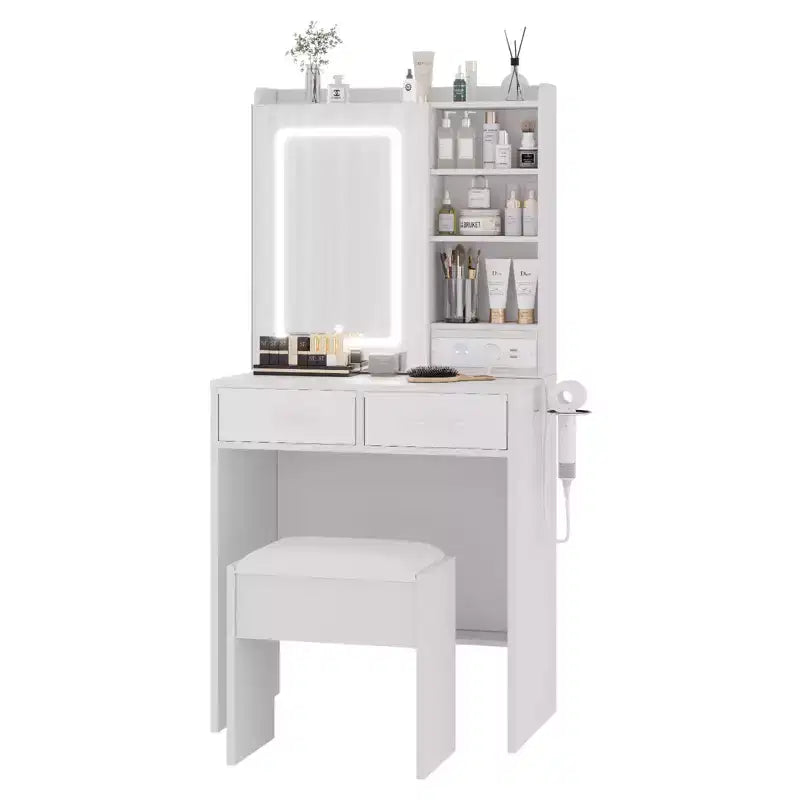 Modern Makeup Vanity Desk  2 Drawers, Open Shelves, Charging Station, USB Ports, Power Outlets, Cushioned Stool  Bedroom Vanity Table Set