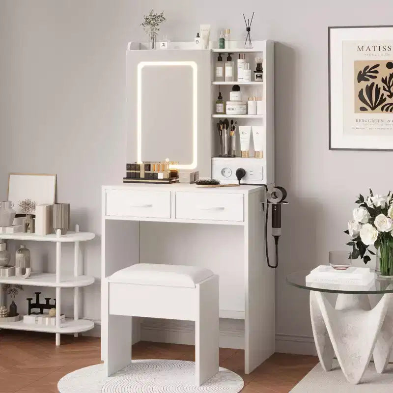 Modern Makeup Vanity Desk  2 Drawers, Open Shelves, Charging Station, USB Ports, Power Outlets, Cushioned Stool  Bedroom Vanity Table Set
