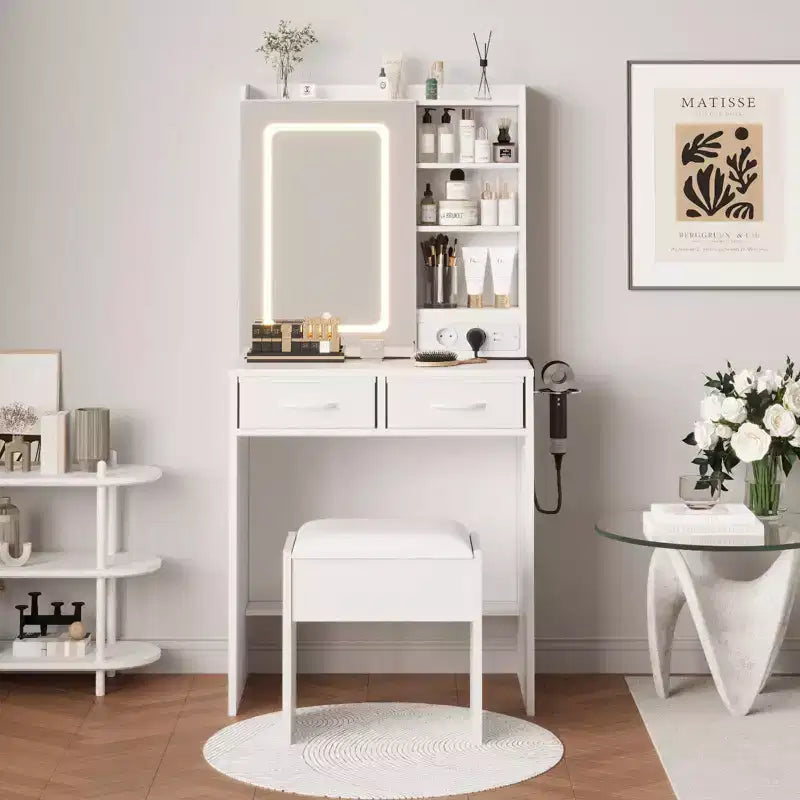 Modern Makeup Vanity Desk  2 Drawers, Open Shelves, Charging Station, USB Ports, Power Outlets, Cushioned Stool  Bedroom Vanity Table Set