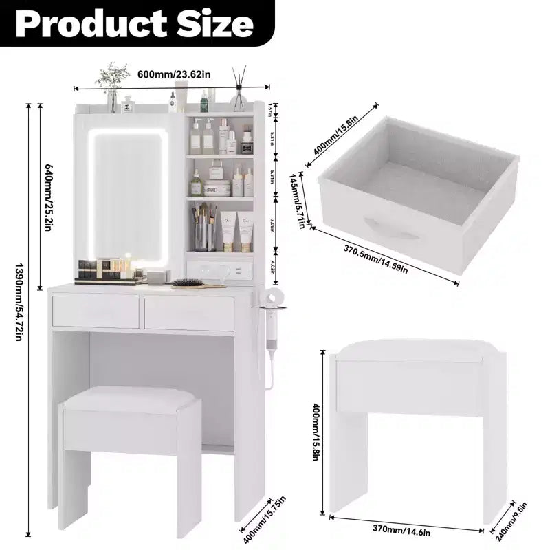 Modern Makeup Vanity Desk  2 Drawers, Open Shelves, Charging Station, USB Ports, Power Outlets, Cushioned Stool  Bedroom Vanity Table Set