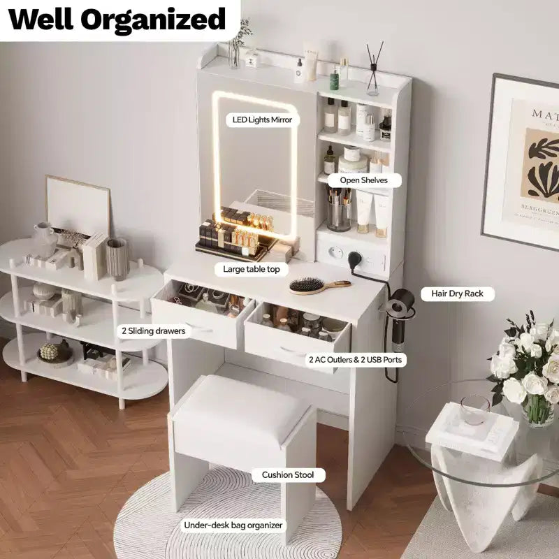 Modern Makeup Vanity Desk  2 Drawers, Open Shelves, Charging Station, USB Ports, Power Outlets, Cushioned Stool  Bedroom Vanity Table Set
