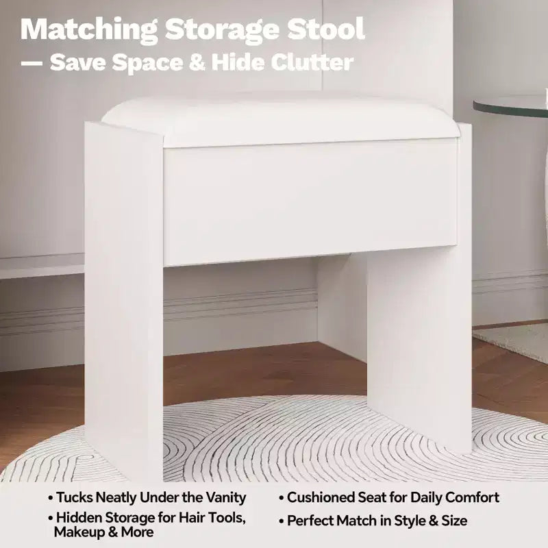 Modern Makeup Vanity Desk  2 Drawers, Open Shelves, Charging Station, USB Ports, Power Outlets, Cushioned Stool  Bedroom Vanity Table Set