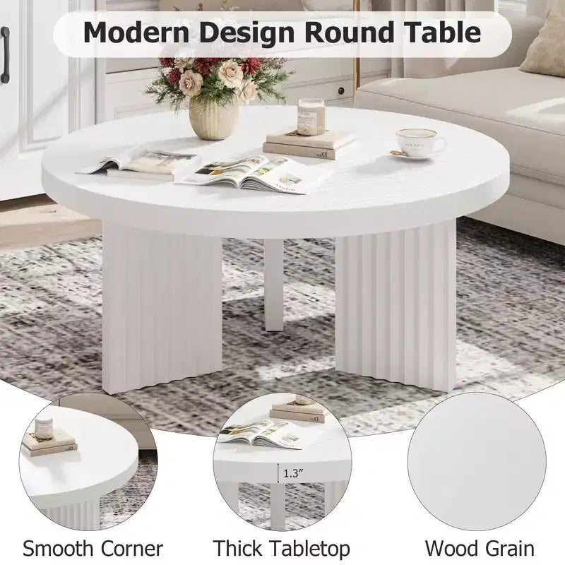 Modern round coffee table  3.3 cm thick top  Elegant fluted legs  Ideal for living room/bedroom  Easy assembly  white wood finish