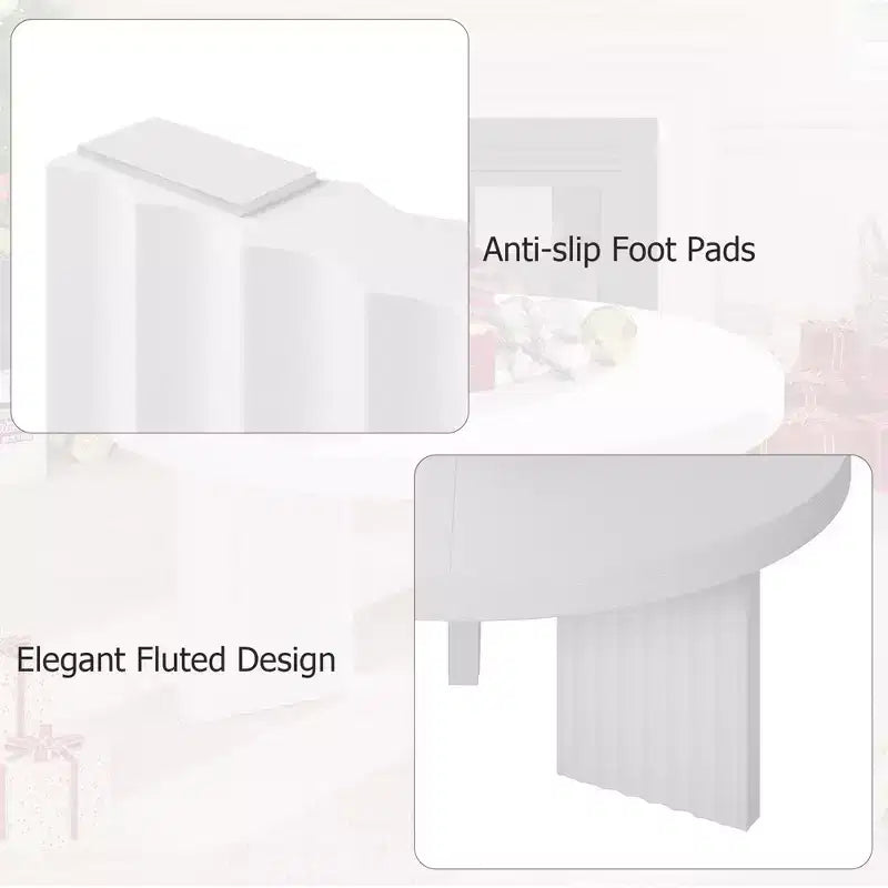Modern round coffee table  3.3 cm thick top  Elegant fluted legs  Ideal for living room/bedroom  Easy assembly  white wood finish