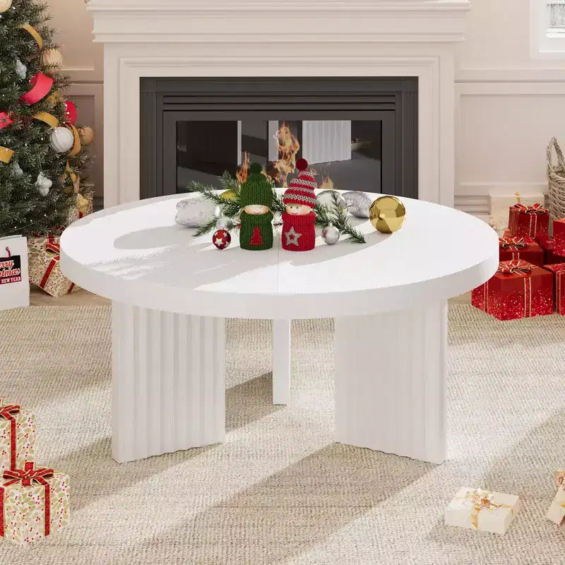 Modern round coffee table  3.3 cm thick top  Elegant fluted legs  Ideal for living room/bedroom  Easy assembly  white wood finish
