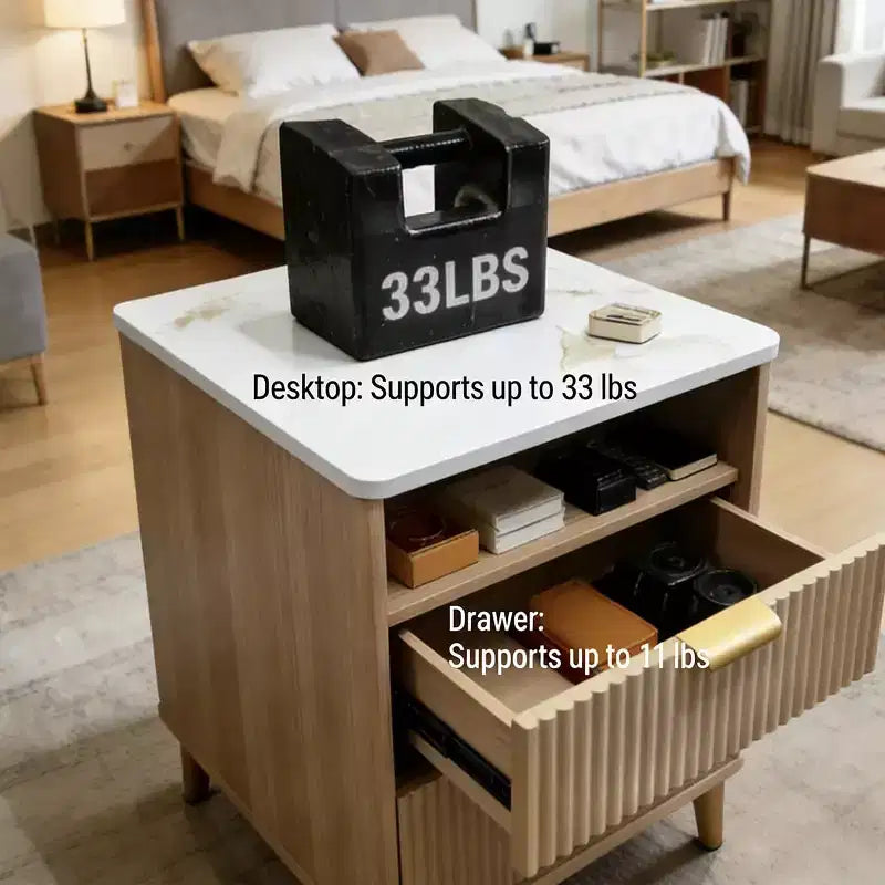 Modern Nightstand with Charging Station. Fluted Bedside Table with Storage. Modern Side End Table with Wood Legs for Bedroom. Dorm