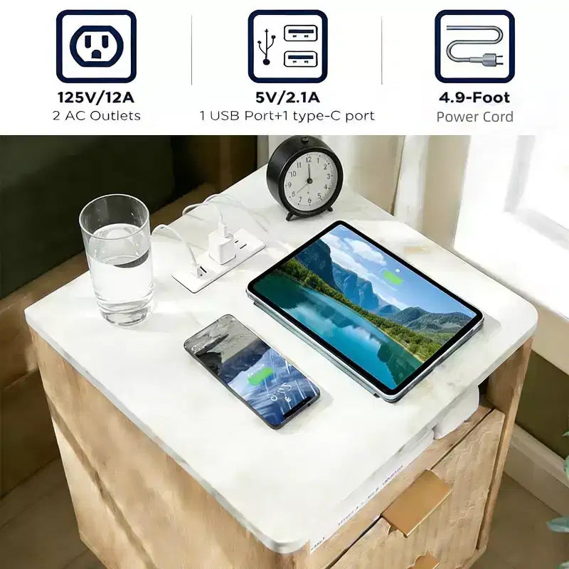 Modern Nightstand with Charging Station. Fluted Bedside Table with Storage. Modern Side End Table with Wood Legs for Bedroom. Dorm