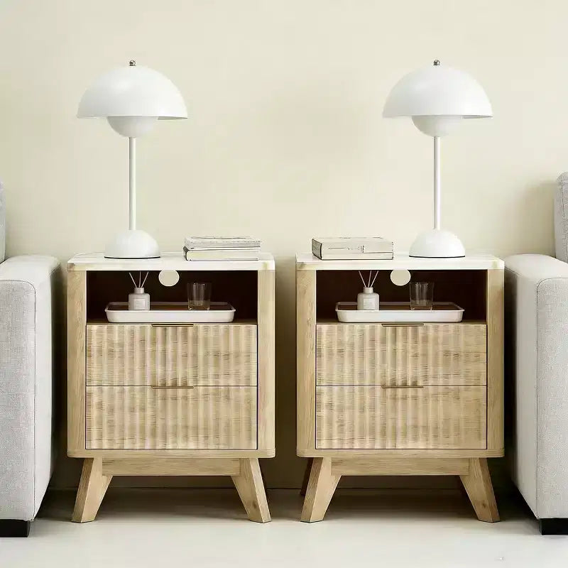 Modern Nightstand with Charging Station. Fluted Bedside Table with Storage. Modern Side End Table with Wood Legs for Bedroom. Dorm