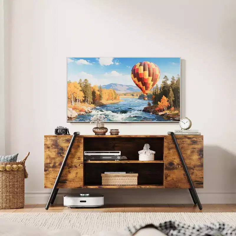 Modern Farmhouse TV Stand for 50-70 TVs  Wood Entertainment Center with Adjustable Open Shelves, U-Shaped Metal Legs  for Living Room, Bedroom