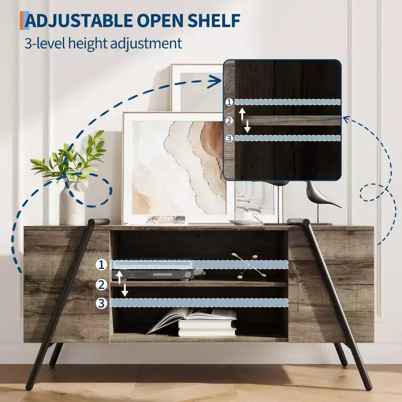 Modern Farmhouse TV Stand for 50-70 TVs  Wood Entertainment Center with Adjustable Open Shelves, U-Shaped Metal Legs  for Living Room, Bedroom
