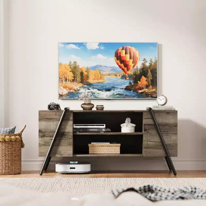 Modern Farmhouse TV Stand for 50-70 TVs  Wood Entertainment Center with Adjustable Open Shelves, U-Shaped Metal Legs  for Living Room, Bedroom