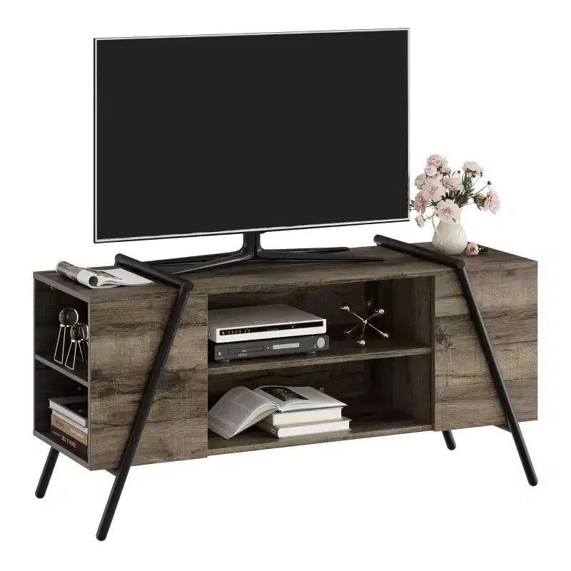 Modern Farmhouse TV Stand for 50-70 TVs  Wood Entertainment Center with Adjustable Open Shelves, U-Shaped Metal Legs  for Living Room, Bedroom
