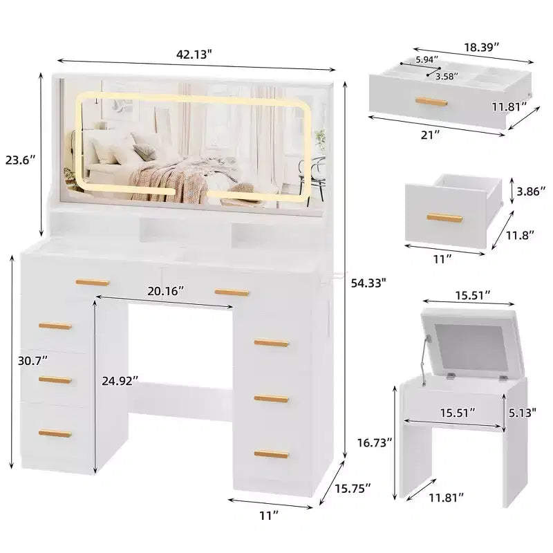 Vanity Desk with Mirror, Makeup Vanity Desk for Bedroom with 8 Drawers & 1 Vanity Chair, Modern Dressing Table Set for Bedroom, Bathroom