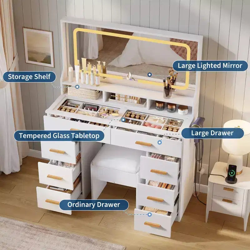 Vanity Desk with Mirror, Makeup Vanity Desk for Bedroom with 8 Drawers & 1 Vanity Chair, Modern Dressing Table Set for Bedroom, Bathroom