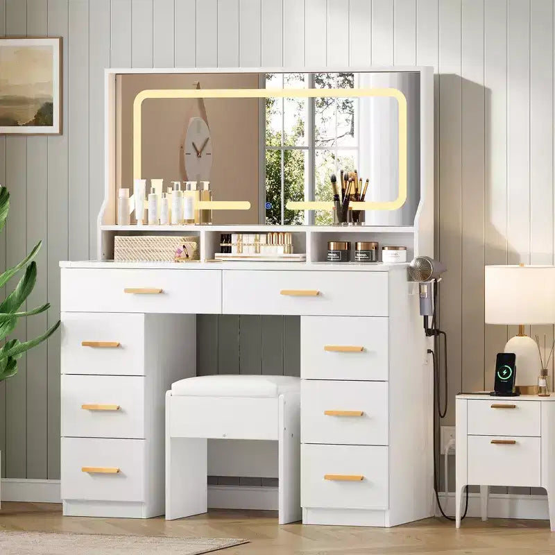 Vanity Desk with Mirror, Makeup Vanity Desk for Bedroom with 8 Drawers & 1 Vanity Chair, Modern Dressing Table Set for Bedroom, Bathroom