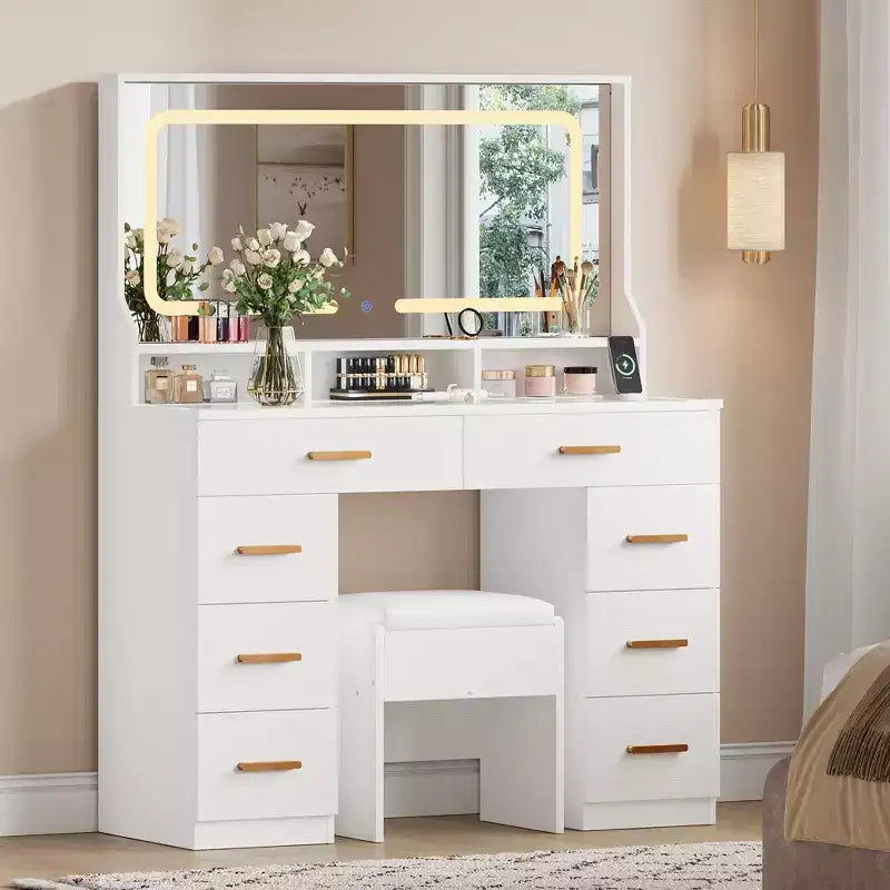 Vanity Desk with Mirror, Makeup Vanity Desk for Bedroom with 8 Drawers & 1 Vanity Chair, Modern Dressing Table Set for Bedroom, Bathroom