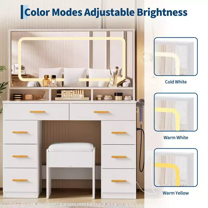 Vanity Desk with Mirror, Makeup Vanity Desk for Bedroom with 8 Drawers & 1 Vanity Chair, Modern Dressing Table Set for Bedroom, Bathroom