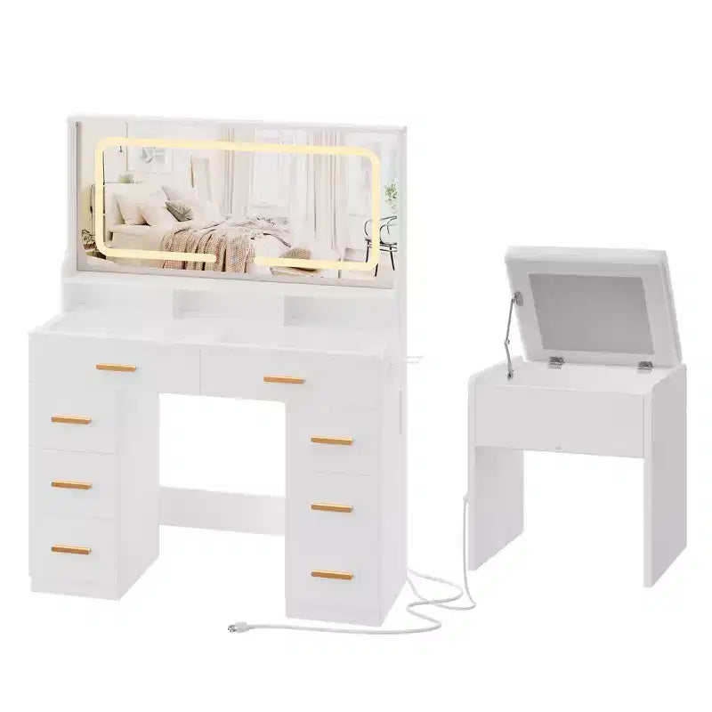 Vanity Desk with Mirror, Makeup Vanity Desk for Bedroom with 8 Drawers & 1 Vanity Chair, Modern Dressing Table Set for Bedroom, Bathroom