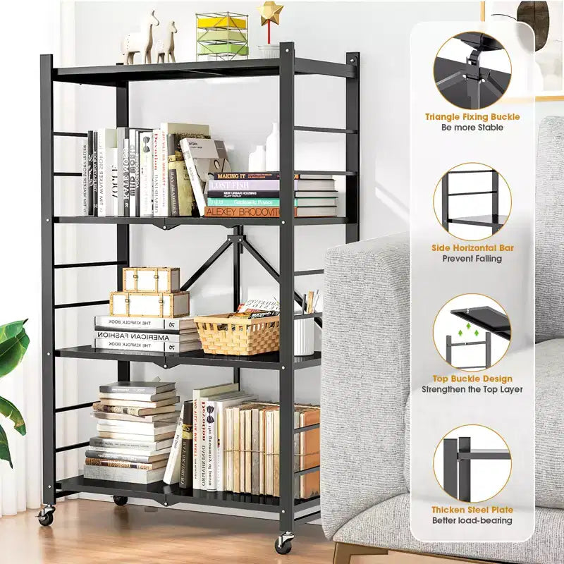 SUGIFT 4-Tier Foldable Metal Shelf with Wheels