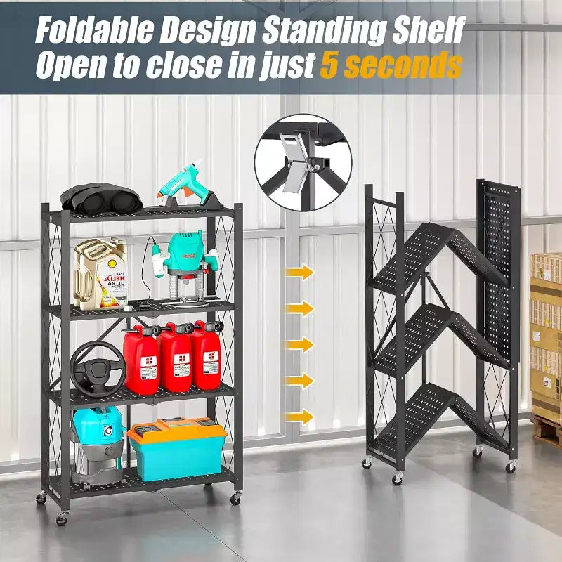 SUGIFT 4-Tier Foldable Metal Shelf with Wheels