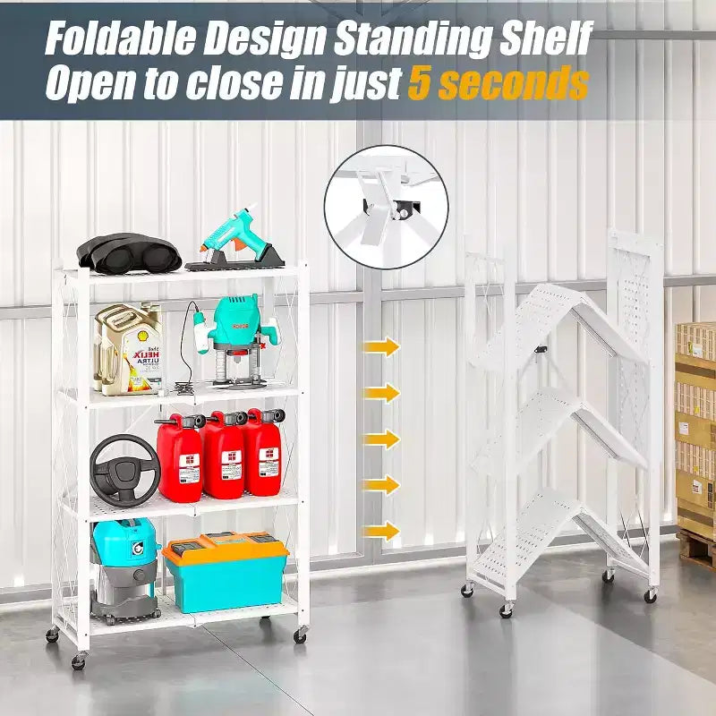 SUGIFT 4-Tier Foldable Metal Shelf with Wheels