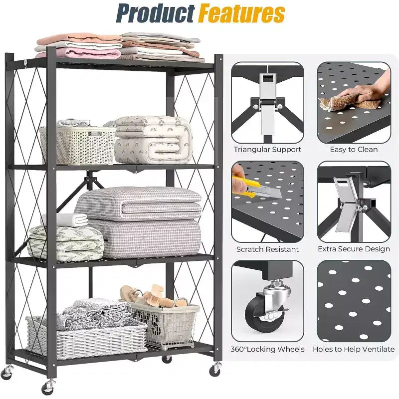 SUGIFT 4-Tier Foldable Metal Shelf with Wheels
