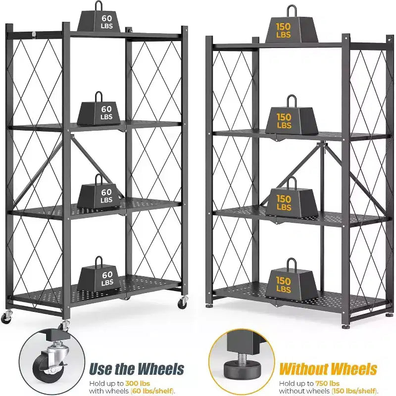 SUGIFT 4-Tier Foldable Metal Shelf with Wheels