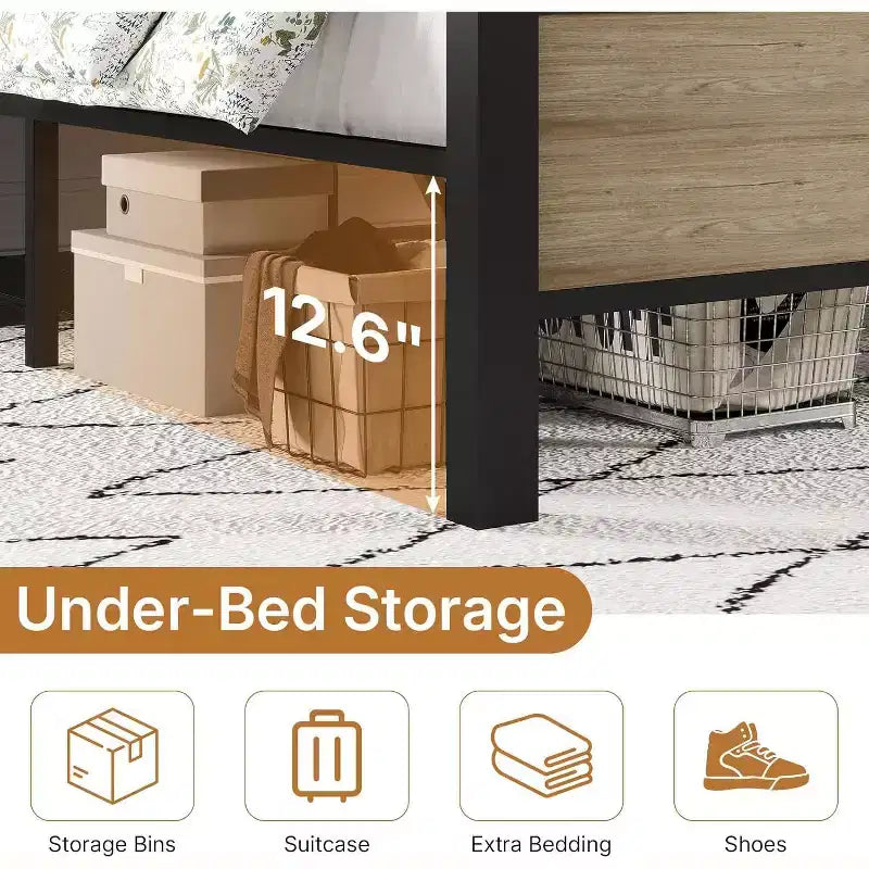 Zevemomo Full Size Heavy Duty Metal Brown Bed Frame with Headboard Footboard, Under Bed Storage, 440LBS Weight Capacity