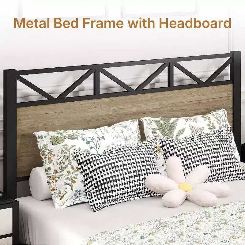 Zevemomo Full Size Heavy Duty Metal Brown Bed Frame with Headboard Footboard, Under Bed Storage, 440LBS Weight Capacity