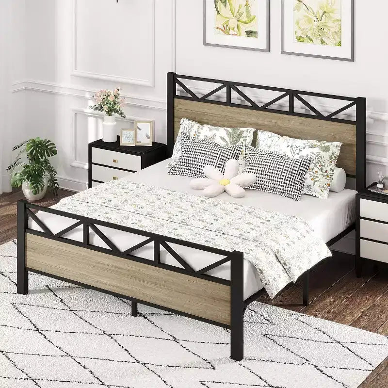 Zevemomo Full Size Heavy Duty Metal Brown Bed Frame with Headboard Footboard, Under Bed Storage, 440LBS Weight Capacity