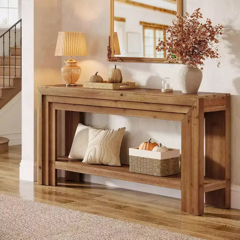 Lantine 63-Inch Solid Wood Console Table, 2-Tier Entryway Table with Storage Shelf, Farmhouse Behind Couch Table for Living Room, Hallway