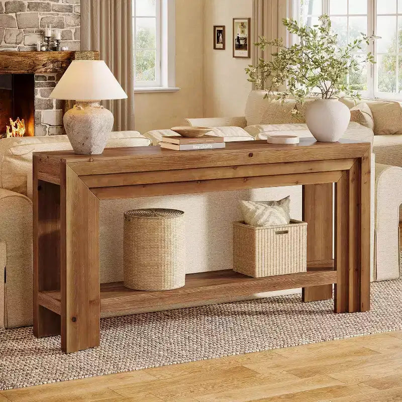 Lantine 63-Inch Solid Wood Console Table, 2-Tier Entryway Table with Storage Shelf, Farmhouse Behind Couch Table for Living Room, Hallway