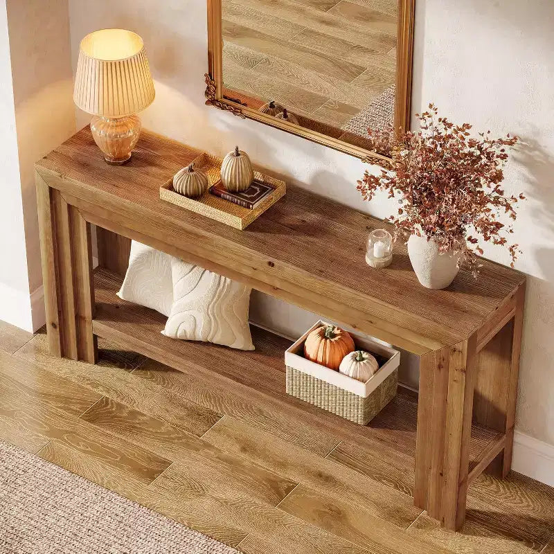 Lantine 63-Inch Solid Wood Console Table, 2-Tier Entryway Table with Storage Shelf, Farmhouse Behind Couch Table for Living Room, Hallway