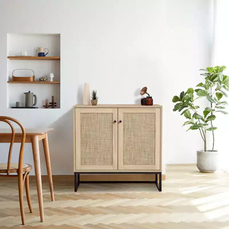 Set of 2 Storage Cabinet with Rattan Doors, Rattan Sideboard Buffet Console Table for Living Room/Entryway/Kitchen/Dining Room