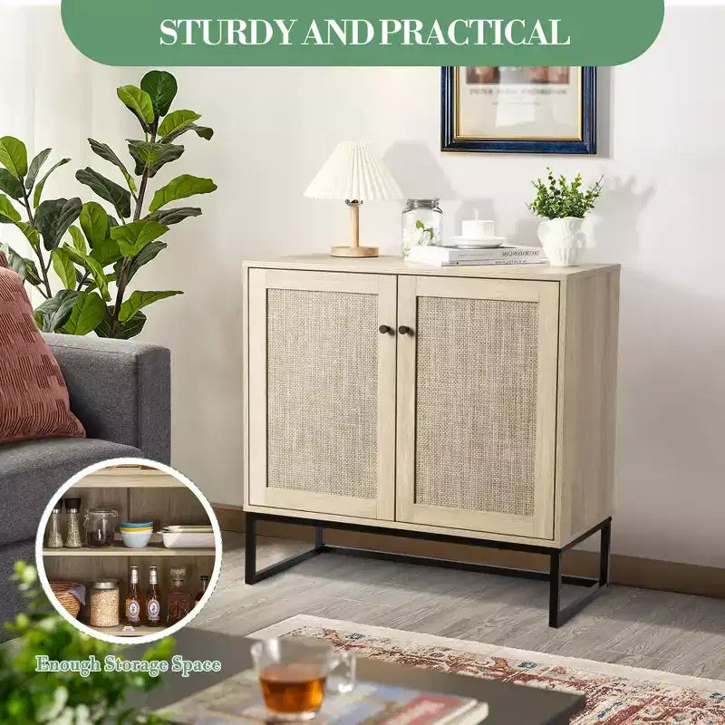 Set of 2 Storage Cabinet with Rattan Doors, Rattan Sideboard Buffet Console Table for Living Room/Entryway/Kitchen/Dining Room