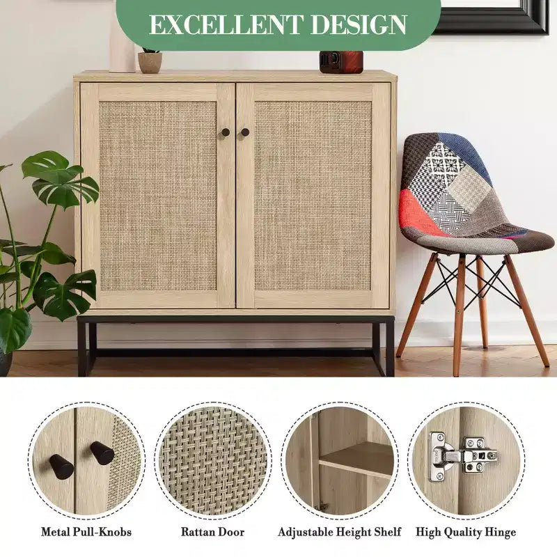 Set of 2 Storage Cabinet with Rattan Doors, Rattan Sideboard Buffet Console Table for Living Room/Entryway/Kitchen/Dining Room