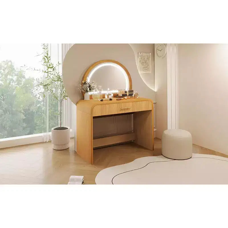 39-Inch Elegant Corner Makeup Vanity Desk with Lighted Mirror, Organized Storage for Bedroom, Natural Finish, Dimmable Lighting