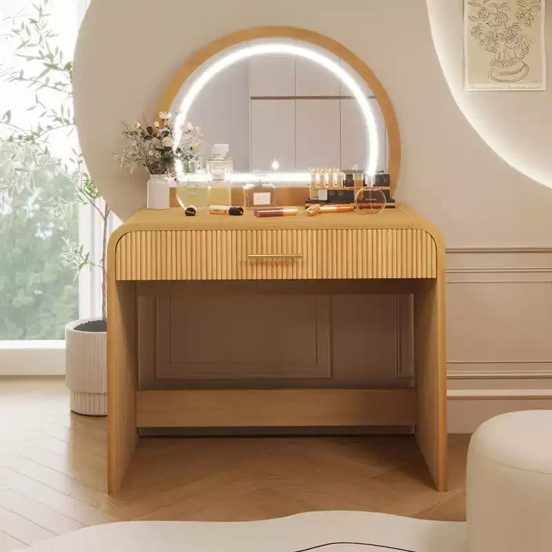 39-Inch Elegant Corner Makeup Vanity Desk with Lighted Mirror, Organized Storage for Bedroom, Natural Finish, Dimmable Lighting