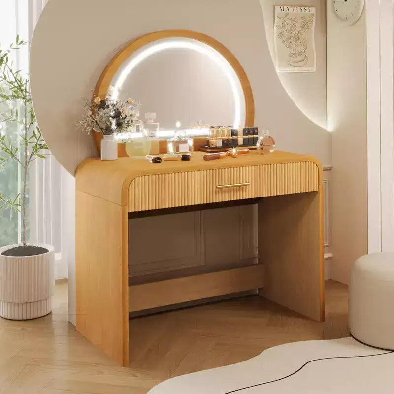 39-Inch Elegant Corner Makeup Vanity Desk with Lighted Mirror, Organized Storage for Bedroom, Natural Finish, Dimmable Lighting