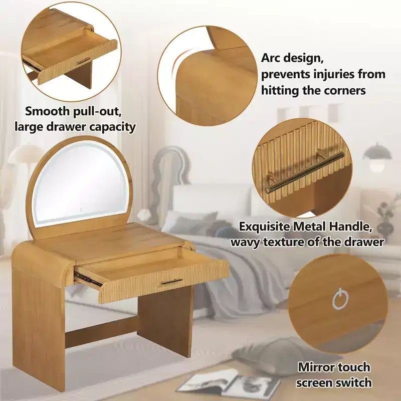 39-Inch Elegant Corner Makeup Vanity Desk with Lighted Mirror, Organized Storage for Bedroom, Natural Finish, Dimmable Lighting
