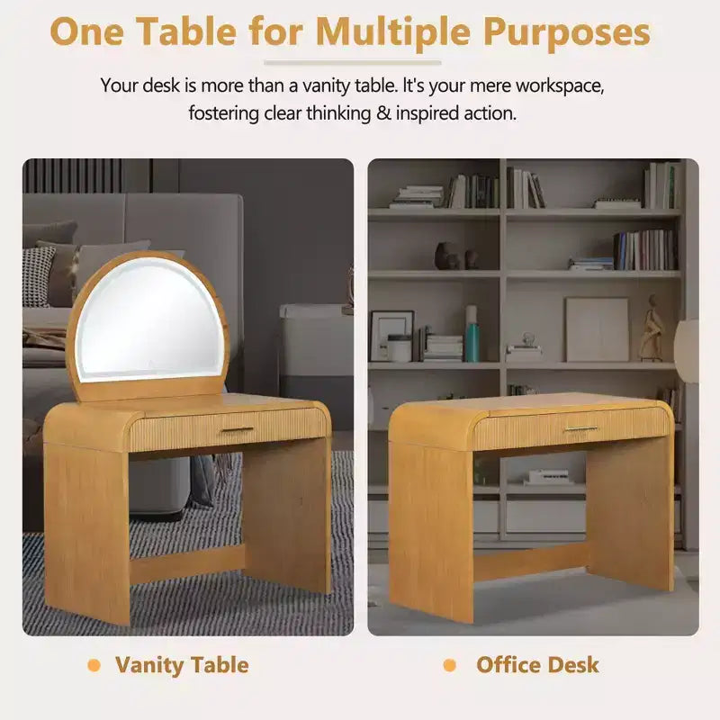 39-Inch Elegant Corner Makeup Vanity Desk with Lighted Mirror, Organized Storage for Bedroom, Natural Finish, Dimmable Lighting