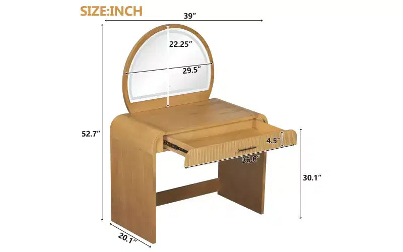 39-Inch Elegant Corner Makeup Vanity Desk with Lighted Mirror, Organized Storage for Bedroom, Natural Finish, Dimmable Lighting