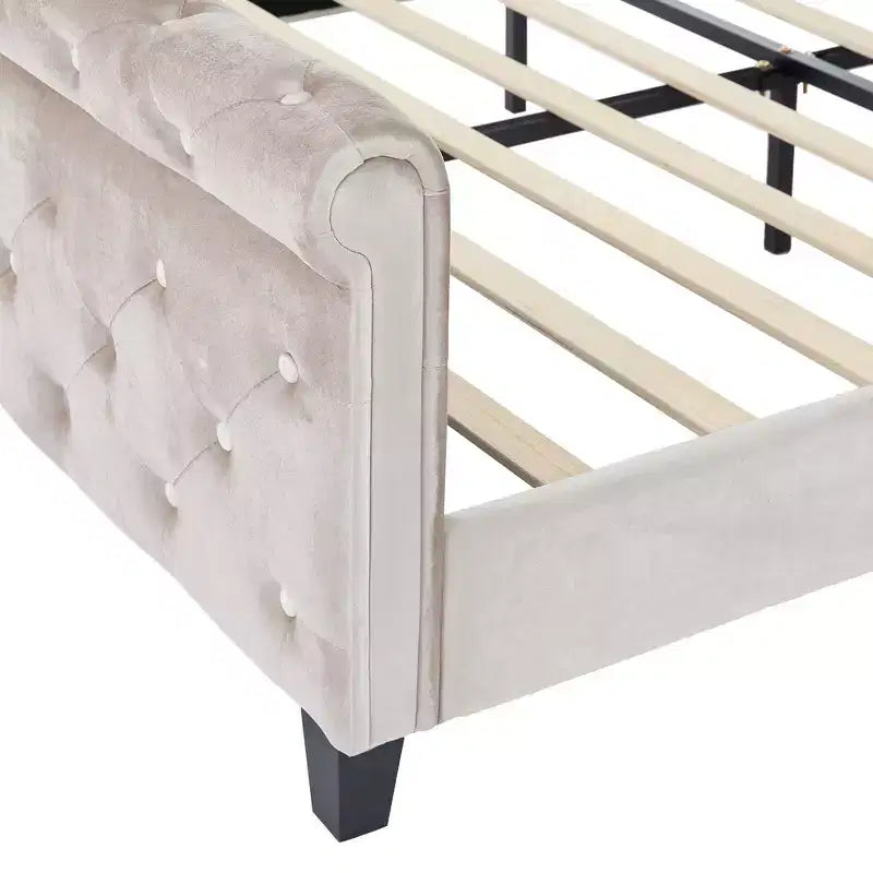 Whisen 43.3 King Sleigh Platform Bed Frame with Wingback Headboard, Scroll Footboard, Button Tufted Velvet, Rust-Resistant Hardware, Easy Assembly