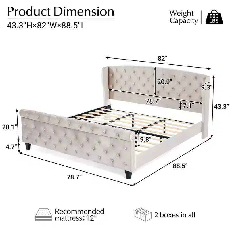 Whisen 43.3 King Sleigh Platform Bed Frame with Wingback Headboard, Scroll Footboard, Button Tufted Velvet, Rust-Resistant Hardware, Easy Assembly