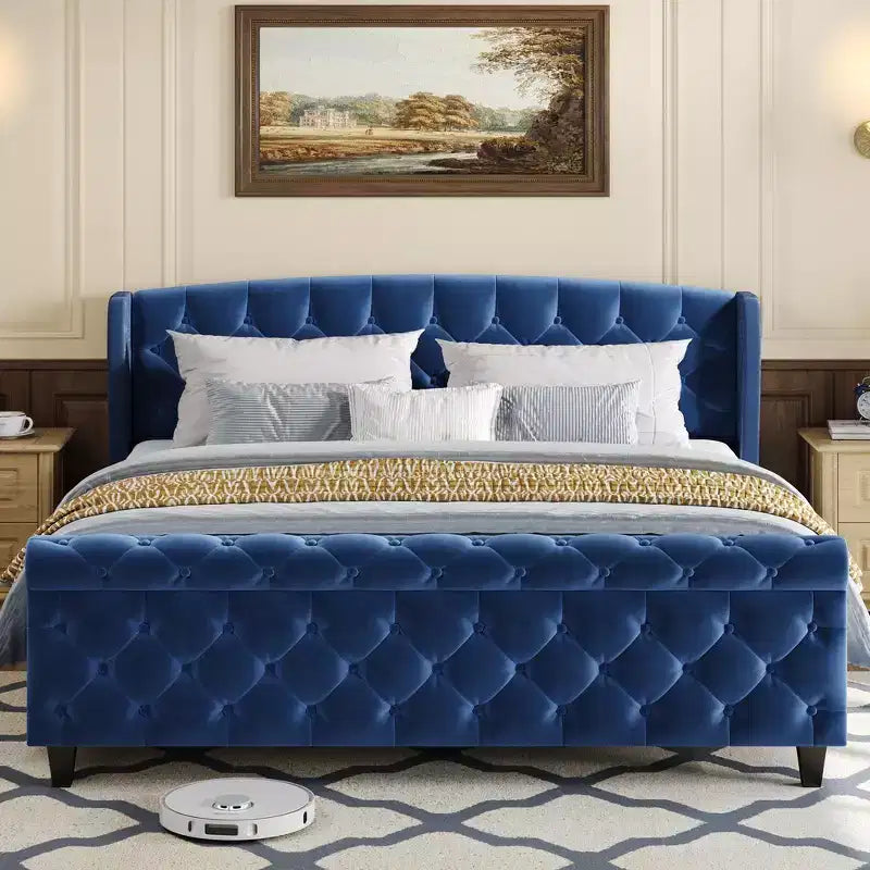 Whisen 43.3 King Sleigh Platform Bed Frame with Wingback Headboard, Scroll Footboard, Button Tufted Velvet, Rust-Resistant Hardware, Easy Assembly