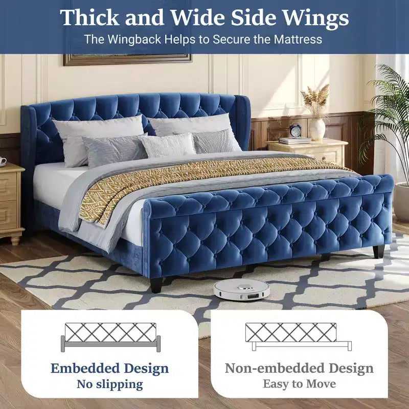 Whisen 43.3 King Sleigh Platform Bed Frame with Wingback Headboard, Scroll Footboard, Button Tufted Velvet, Rust-Resistant Hardware, Easy Assembly